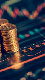 Stacked crypto coins before blurred market chart backdrop.