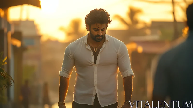 Sunlit street portrait of pensive man in warm backlight.