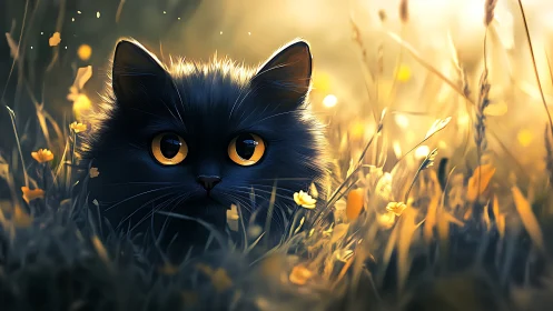 Black Cat with Golden Eyes in a Sunlit Wildflower Meadow