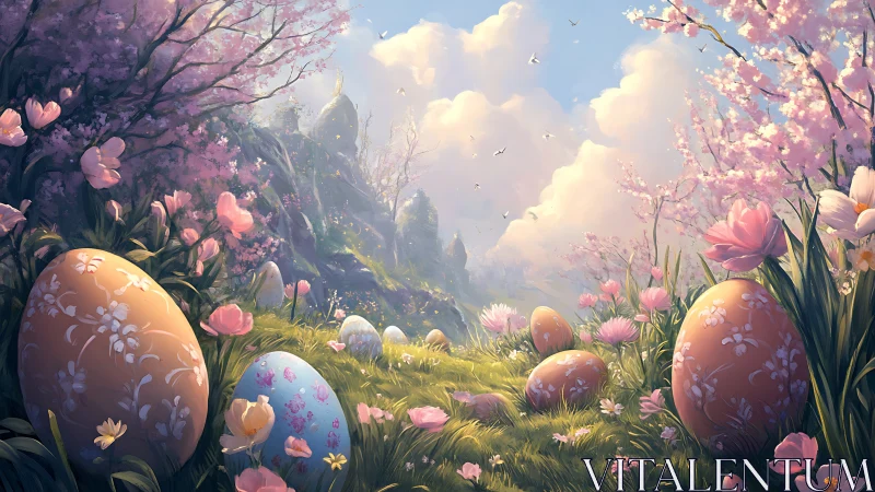 Ornate Easter eggs rest in a luminous spring valley clearing