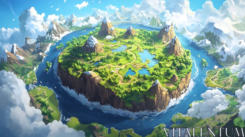 Fantasy Floating Island: Aerial Landscape with Rivers and Mountains.