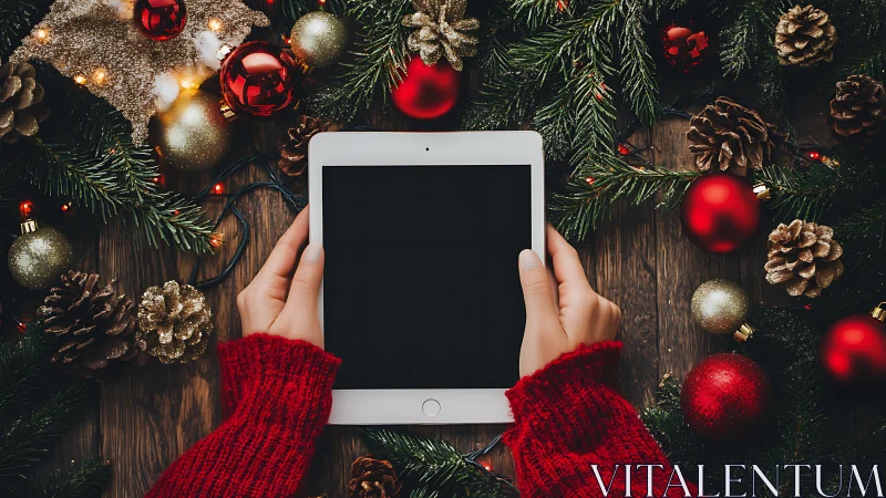Hands hold tablet centered among Christmas decorations