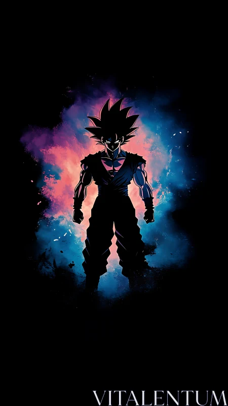 Silhouetted anime fighter stands before neon energy cloud