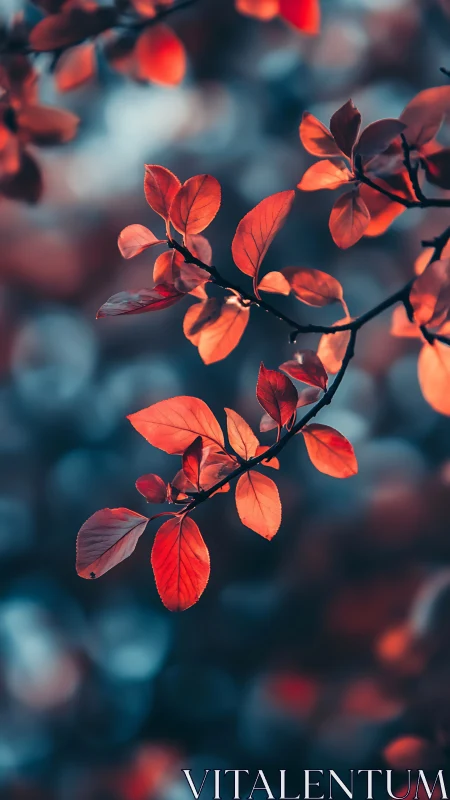 Crimson leaves glow against cool teal autumn bokeh background.