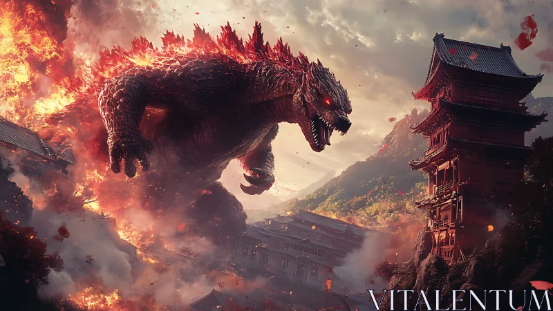 Cinematic kaiju assault on temple city in dramatic digital painting.