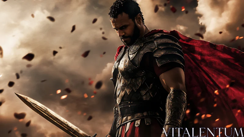 Armored warrior stands with sword amid flying embers