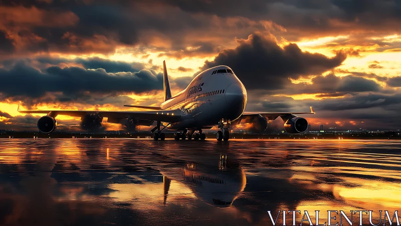 Passenger jet on wet runway under dramatic sunset sky.