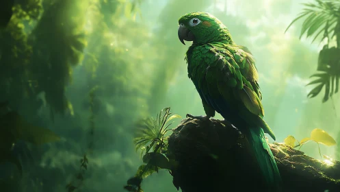 Emerald parrot resting on mossy branch in glowing rainforest.