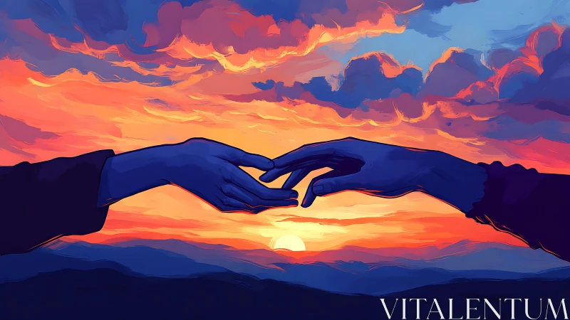 Hands nearing in luminous sunset sky digital artwork.