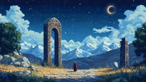 Stargazer at the Stone Gate beneath a Crescent Sky.