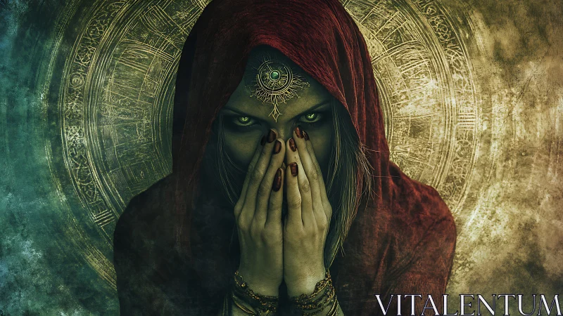 Mystic seer in crimson hood guarding hidden secrets.