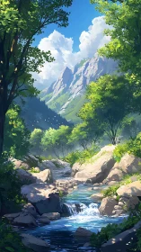 Mountain stream cuts through sunlit forest and bright cliffs.