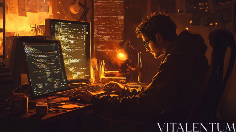 Digital painting of nocturnal coder in warm dual-monitor studio.
