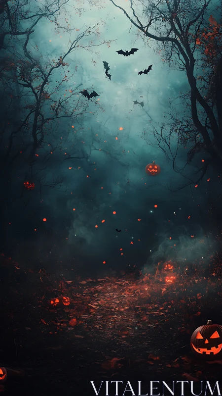 Jack-o&rsquo;-lantern trail under eerie blue moonlit forest.