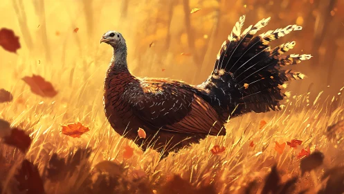 Golden meadow turkey strolling through glowing autumn light.
