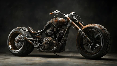 Rust-textured custom motorcycle on dark studio ground.