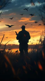 Quiet hunter watching wild birds at a glowing sunset sky.