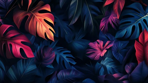 Neon jungle leaves glow against deep indigo shadows.