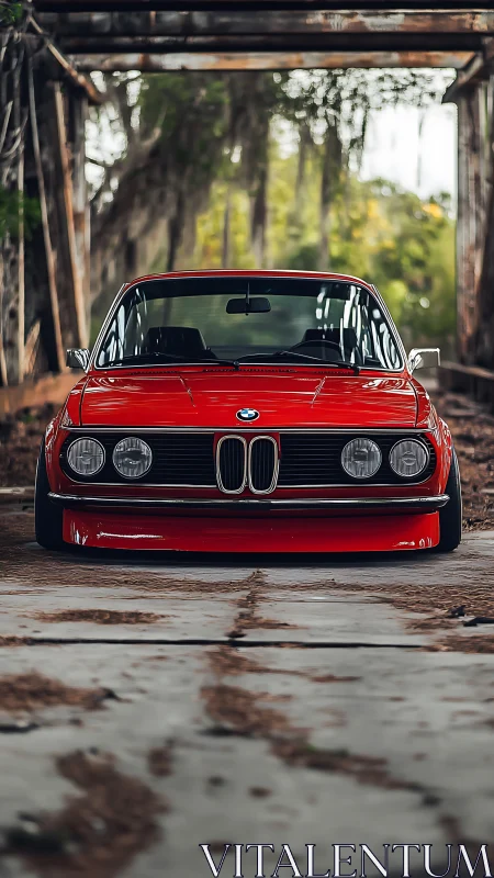 Classic red BMW coupe sits low in abandoned industrial hall.