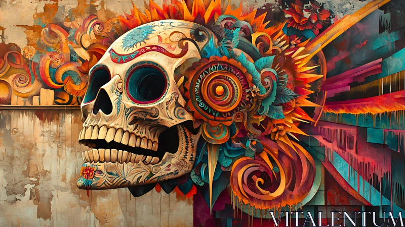 Colorful skull mural with floral patterns and swirling shapes.