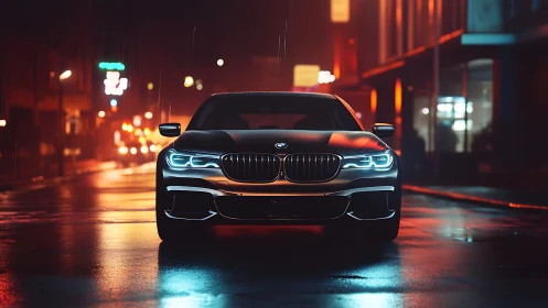 Front view of modern sedan on wet city street at night.