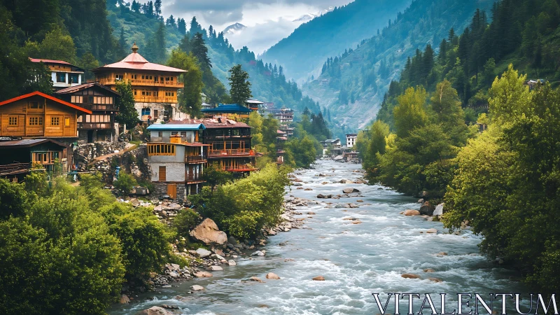 Mountain river valley with tiered wooden houses and dense conifers
