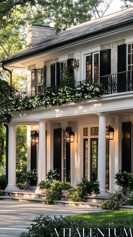 Photorealistic neoclassical facade with columned porch symmetry.