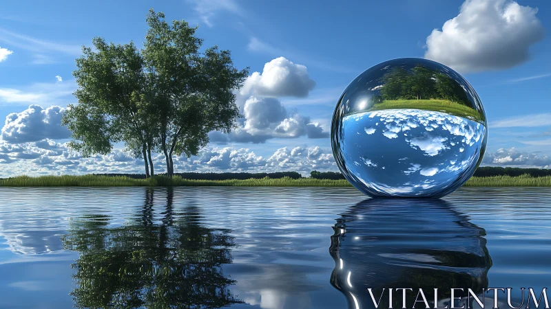 Mirrored water sphere reflects summer lake horizon.