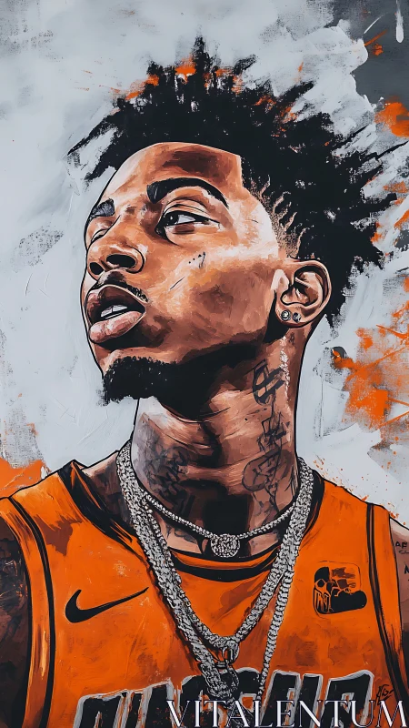 Digital portrait of tattooed athlete in orange jersey.