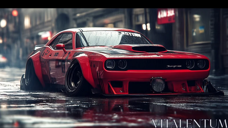 Widebody red muscle car crouches low on a rainy city street.