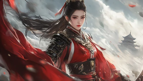 Warrior princess in crimson robes on a storm-kissed sky.