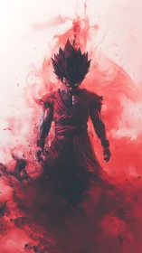 Crimson aura warrior rising from swirling ember storm.