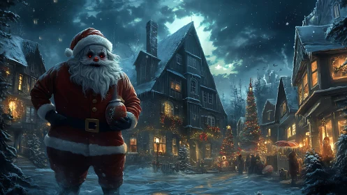 Santa figure with red eyes in nocturnal winter village scene.