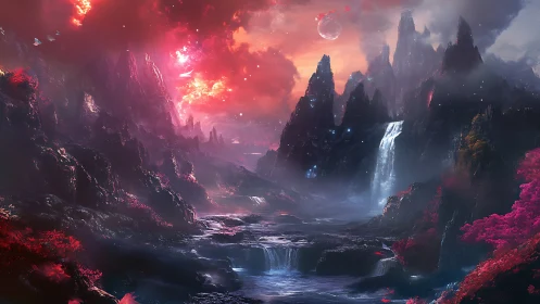 Alien mountain valley with waterfalls under red sky.