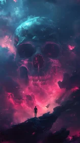 Solitary figure confronts cosmic skull in neon storm clouds