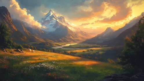 Sunlit alpine valley with glowing snowcapped peaks at dusk.