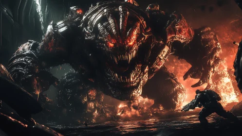 Armored infernal creature confronting armed soldier in fire.