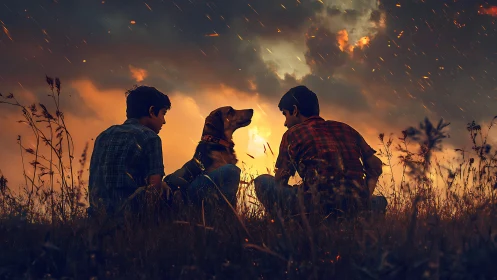 Two boys with dog in field under dramatic glowing sky.