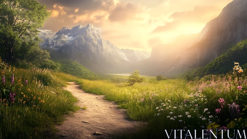 Digital painting of alpine valley trail at golden hour light.