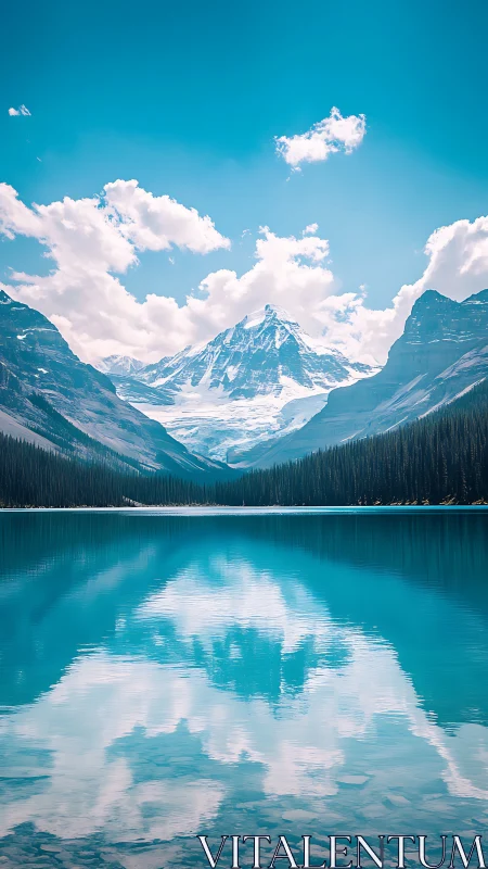 Mountain mirror morning over tranquil turquoise lake.