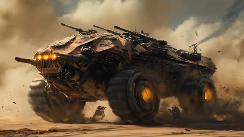 Post-apocalyptic desert war rig in dynamic digital painting.