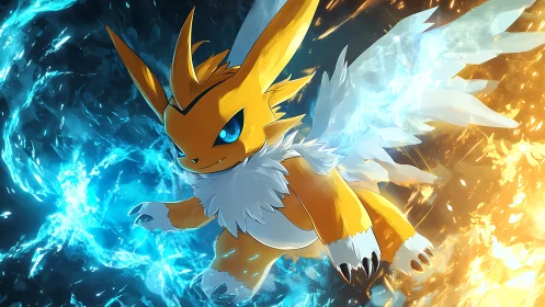 Winged yellow creature in glowing blue and orange energy