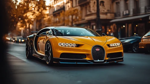 Yellow hypercar glides through warm-lit European city street
