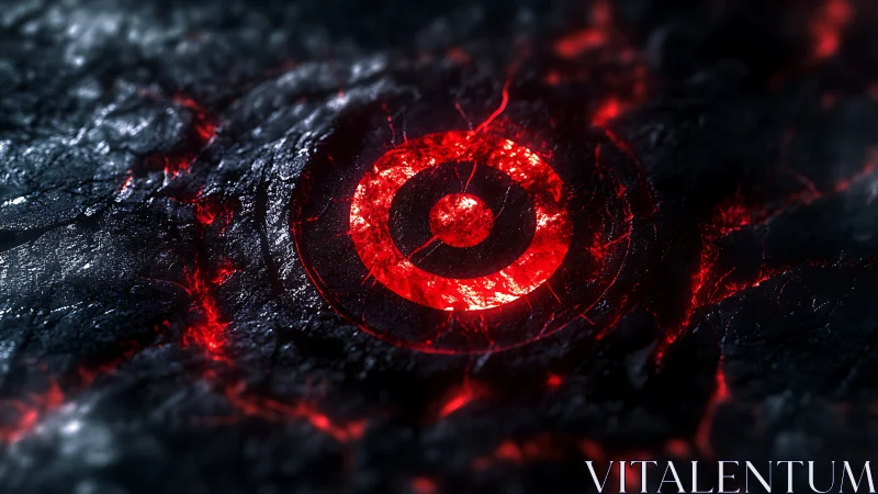 Glowing red target symbol in cracked dark molten rock.