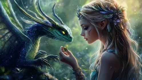 Elf maiden bonds with emerald dragon in luminous forest