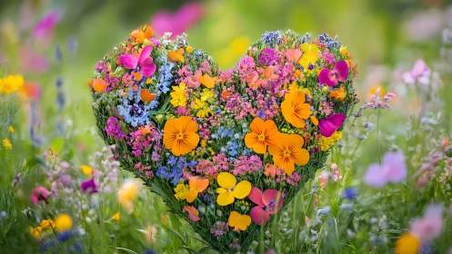 Heart-shaped wildflower arrangement with polychromatic blooms.