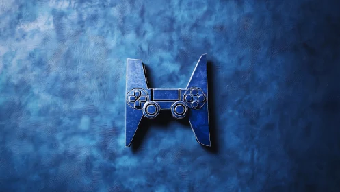 Futuristic game controller logo on textured blue wall.