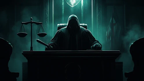 Hooded judge in shadowed courtroom with eerie teal light.