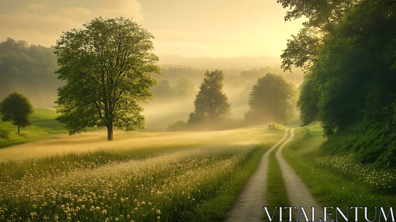 Pastoral dawn meadow with tree-lined path in soft focus light.