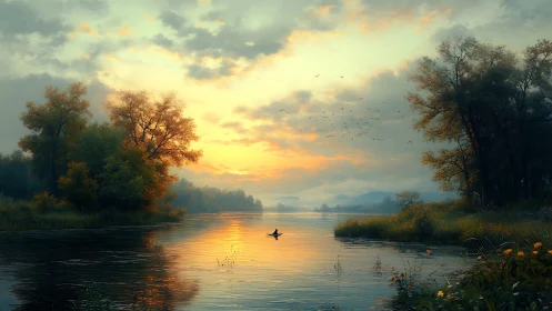 Calm river landscape with lone boat at soft sunset light.